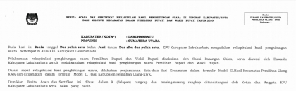 Berita Acara dan Sertifikat Rekapitulasi Hasil Penghitungan Suara Tingkat Kabupaten/Kota Dalam Pemilihan Bupati dan Wakil Bupati Tahun 2020